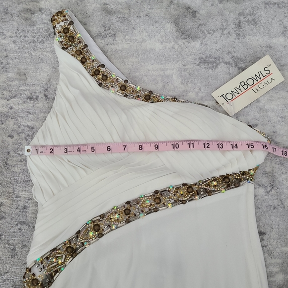 Tony Bowls White Gold Evening Prom Gown Size 10 - Picture 6 of 14